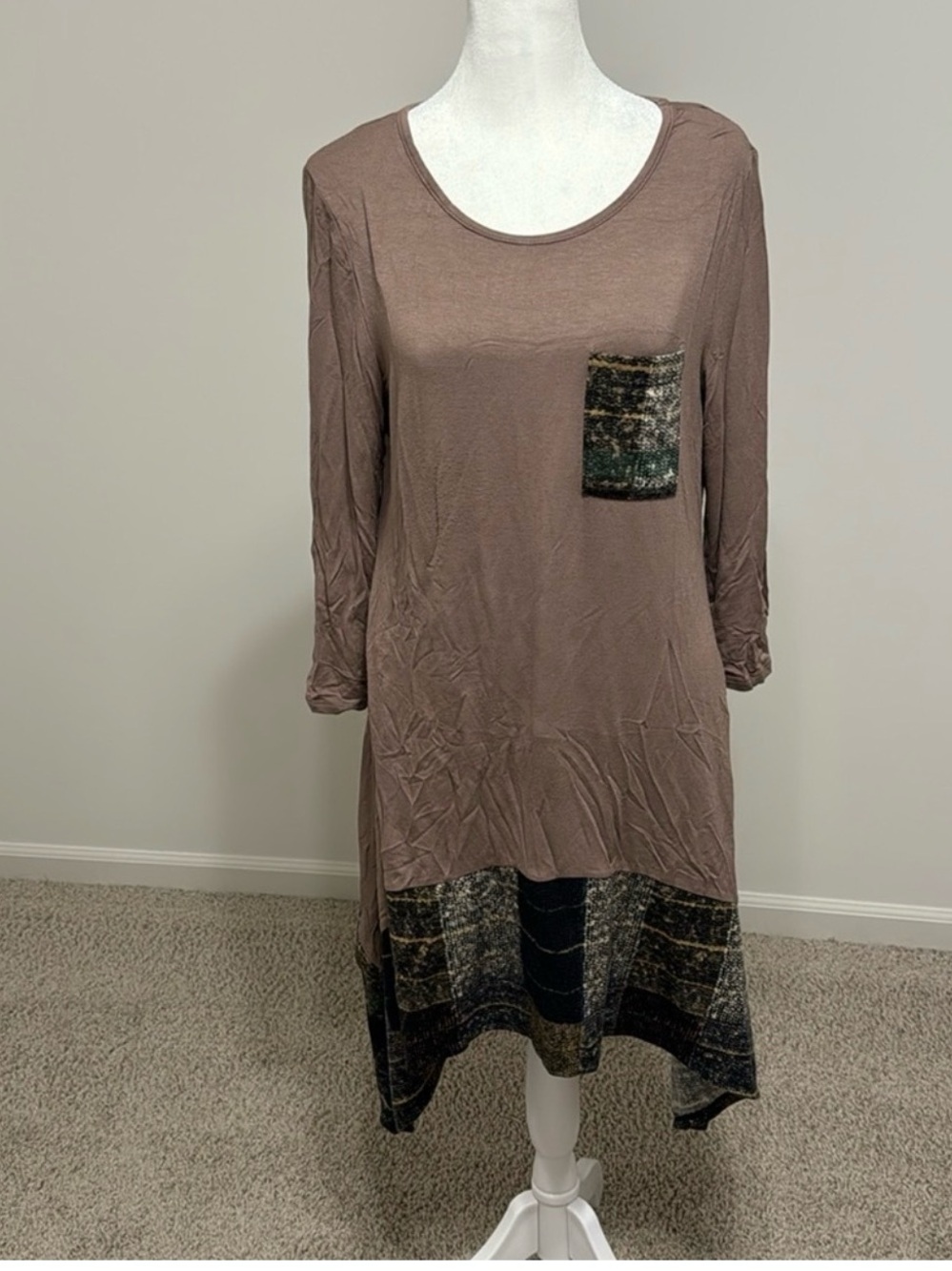 Taupe Tunic Dress with Printed Hem Size L | Casual Boho Style